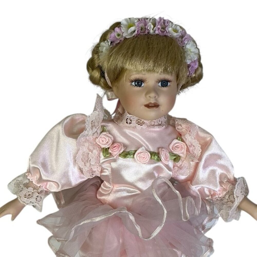 Vintage Ballerina Dancer Porcelain Doll 1990 Pink Satin Tutu Blonde Hair 14” - Picture 3 of 15